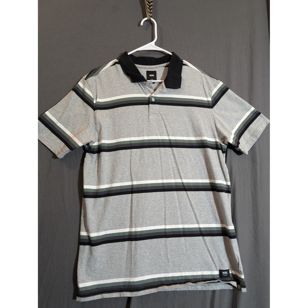 Vans Mens Large Gray Striped Short Sleeve Polo Shirt Classic‎ Fit
